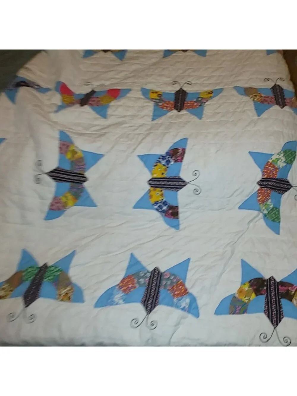 1970s Butterfly Quilt Vintage Handmade Multi Color Patchwork Appliqué 80 by 64